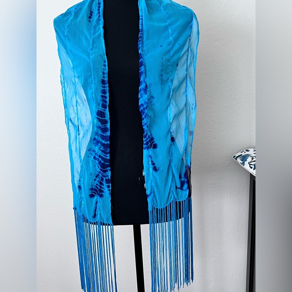 Bebe Blue Fringe Scarf with sequins. 55” length - Picture 2 of 3
